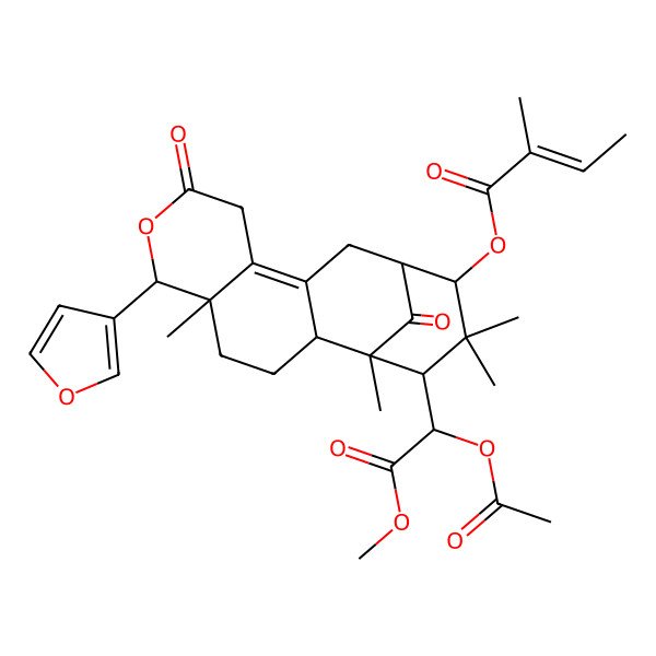 2D Structure of [16-(1-Acetyloxy-2-methoxy-2-oxoethyl)-6-(furan-3-yl)-1,5,15,15-tetramethyl-8,17-dioxo-7-oxatetracyclo[11.3.1.02,11.05,10]heptadec-10-en-14-yl] 2-methylbut-2-enoate