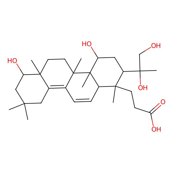 2D Structure of 3-[(1R,2R,4S,4aR,4bR,6aR,7R,12aR)-2-[(2R)-1,2-dihydroxypropan-2-yl]-4,7-dihydroxy-1,4a,4b,6a,9,9-hexamethyl-3,4,5,6,7,8,10,12a-octahydro-2H-chrysen-1-yl]propanoic acid