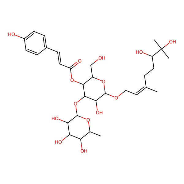 2D Structure of [(2R,3R,4R,5R,6R)-6-[(E,6R)-6,7-dihydroxy-3,7-dimethyloct-2-enoxy]-5-hydroxy-2-(hydroxymethyl)-4-[(2S,3R,4R,5R,6S)-3,4,5-trihydroxy-6-methyloxan-2-yl]oxyoxan-3-yl] (E)-3-(4-hydroxyphenyl)prop-2-enoate