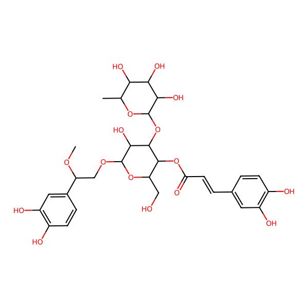 2D Structure of [6-[2-(3,4-Dihydroxyphenyl)-2-methoxyethoxy]-5-hydroxy-2-(hydroxymethyl)-4-(3,4,5-trihydroxy-6-methyloxan-2-yl)oxyoxan-3-yl] 3-(3,4-dihydroxyphenyl)prop-2-enoate