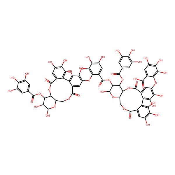 2D Structure of 2-[[(10R,11S,12R,13R,15R)-12-[2-[[(10R,11R,12R,13R,15R)-3,4,5,12,13,22,23-heptahydroxy-8,18-dioxo-11-(3,4,5-trihydroxybenzoyl)oxy-9,14,17-trioxatetracyclo[17.4.0.02,7.010,15]tricosa-1(23),2,4,6,19,21-hexaen-21-yl]oxy]-3,4,5-trihydroxybenzoyl]oxy-3,4,13,21,22,23-hexahydroxy-8,18-dioxo-11-(3,4,5-trihydroxybenzoyl)oxy-9,14,17-trioxatetracyclo[17.4.0.02,7.010,15]tricosa-1(23),2,4,6,19,21-hexaen-5-yl]oxy]-3,4,5-trihydroxybenzoic acid
