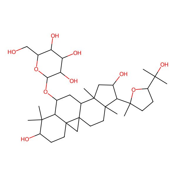 2D Structure of (2R,3R,4S,5R,6R)-2-[[(1S,3R,6S,8R,9S,11S,12S,14S,15R,16R)-6,14-dihydroxy-15-[(2R,5S)-5-(2-hydroxypropan-2-yl)-2-methyloxolan-2-yl]-7,7,12,16-tetramethyl-9-pentacyclo[9.7.0.01,3.03,8.012,16]octadecanyl]oxy]-6-(hydroxymethyl)oxane-3,4,5-triol