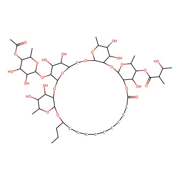 2D Structure of [40-(5-Acetyloxy-3,4-dihydroxy-6-methyloxan-2-yl)oxy-4,5,23,30,31,38,39-heptahydroxy-6,25,32-trimethyl-20-oxo-10-propyl-2,7,9,21,26,28,33,35,41-nonaoxapentacyclo[35.3.1.03,8.022,27.029,34]hentetracontan-24-yl] 3-hydroxy-2-methylbutanoate