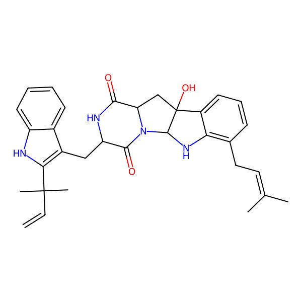 2D Structure of 9-hydroxy-14-(3-methylbut-2-enyl)-4-[[2-(2-methylbut-3-en-2-yl)-1H-indol-3-yl]methyl]-2,5,16-triazatetracyclo[7.7.0.02,7.010,15]hexadeca-10,12,14-triene-3,6-dione