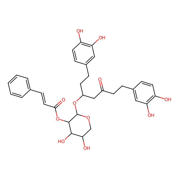 2D Structure of [(2S,3R,4S,5R)-2-[(3S)-1,7-bis(3,4-dihydroxyphenyl)-5-oxoheptan-3-yl]oxy-4,5-dihydroxyoxan-3-yl] (E)-3-phenylprop-2-enoate
