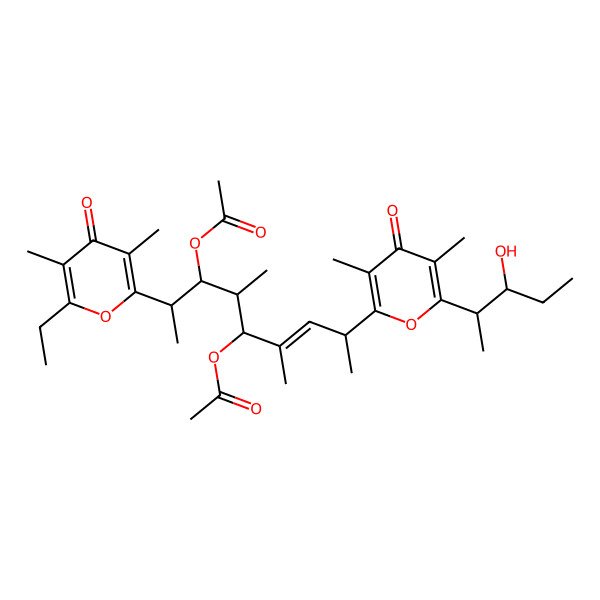 2D Structure of [(E,2R,3R,4R,5R,8S)-5-acetyloxy-2-(6-ethyl-3,5-dimethyl-4-oxopyran-2-yl)-8-[6-[(2S,3S)-3-hydroxypentan-2-yl]-3,5-dimethyl-4-oxopyran-2-yl]-4,6-dimethylnon-6-en-3-yl] acetate