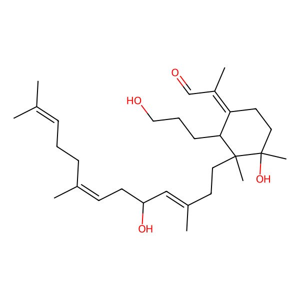 2D Structure of (2E)-2-[(2R,3S,4S)-4-hydroxy-2-(3-hydroxypropyl)-3-[(3E,5R,7E)-5-hydroxy-3,8,12-trimethyltrideca-3,7,11-trienyl]-3,4-dimethylcyclohexylidene]propanal