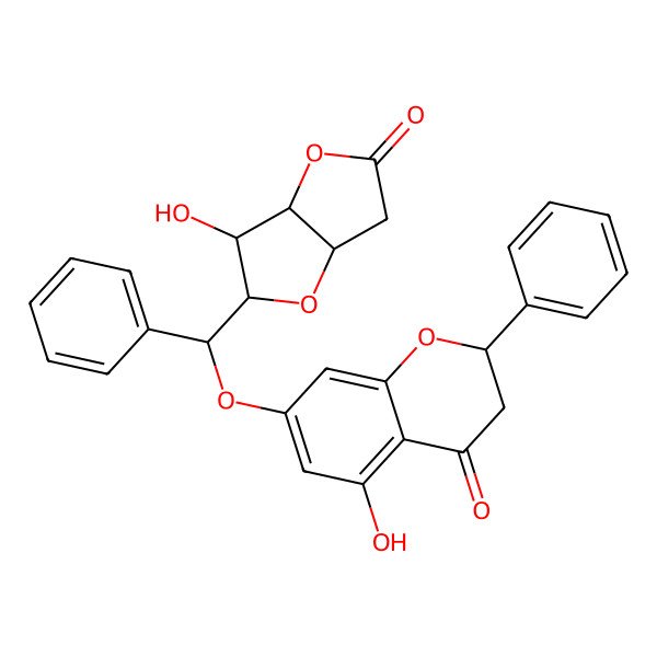 2D Structure of (2S)-7-[(S)-[(2S,3S,3aS,6aR)-3-hydroxy-5-oxo-3,3a,6,6a-tetrahydro-2H-furo[3,2-b]furan-2-yl]-phenylmethoxy]-5-hydroxy-2-phenyl-2,3-dihydrochromen-4-one