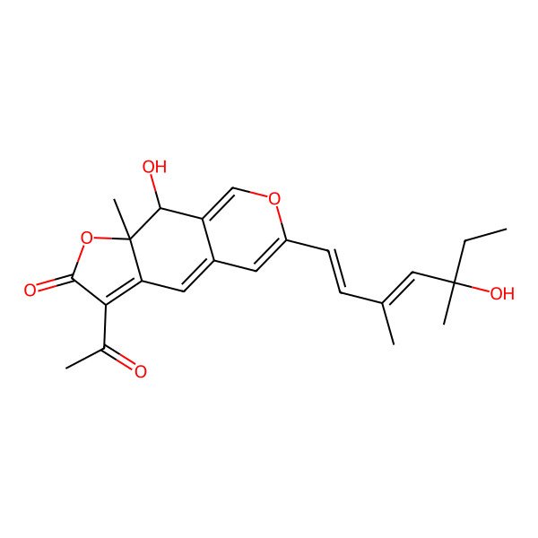 2D Structure of (9R,9aR)-3-acetyl-9-hydroxy-6-[(1E,3E)-5-hydroxy-3,5-dimethylhepta-1,3-dienyl]-9a-methyl-9H-furo[3,2-g]isochromen-2-one