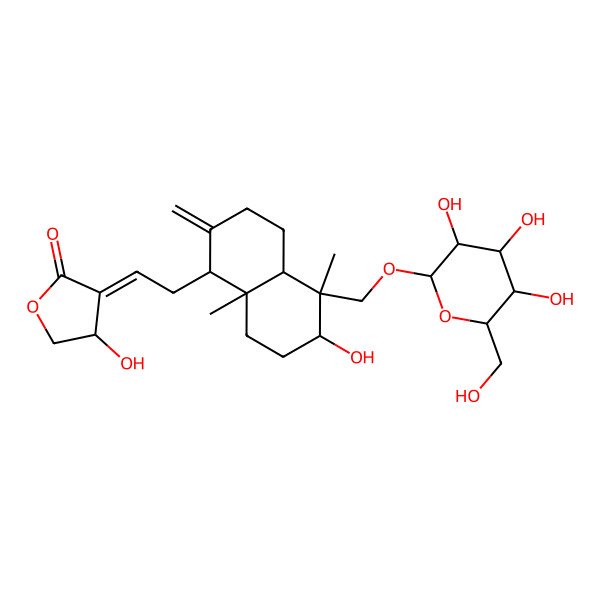 2D Structure of 4-hydroxy-3-[2-[6-hydroxy-5,8a-dimethyl-2-methylidene-5-[[3,4,5-trihydroxy-6-(hydroxymethyl)oxan-2-yl]oxymethyl]-3,4,4a,6,7,8-hexahydro-1H-naphthalen-1-yl]ethylidene]oxolan-2-one