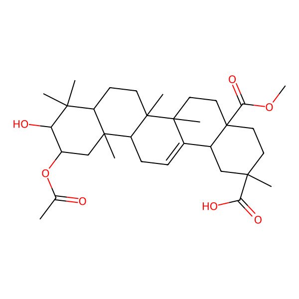 2D Structure of (2S,4aR,6aR,6aS,6bR,8aR,10R,11S,12aR,14bS)-11-acetyloxy-10-hydroxy-4a-methoxycarbonyl-2,6a,6b,9,9,12a-hexamethyl-1,3,4,5,6,6a,7,8,8a,10,11,12,13,14b-tetradecahydropicene-2-carboxylic acid 2D Structure of (2S,4aR,6aR,6aS,6bR,8aR,10R,11S,12aR,14bS)-11-acetyloxy-10-hydroxy-4a-methoxycarbonyl-2,6a,6b,9,9,12a-hexamethyl-1,3,4,5,6,6a,7,8,8a,10,11,12,13,14b-tetradecahydropicene-2-carboxylic acid