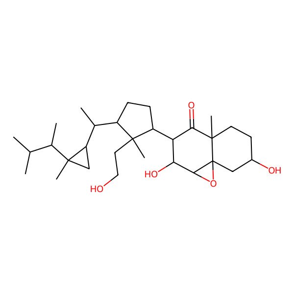 2D Structure of (1aS,2R,3R,4aS,7S,8aR)-2,7-dihydroxy-3-[(1S,2R,3R)-2-(2-hydroxyethyl)-2-methyl-3-[(1S)-1-[(1R,2R)-2-methyl-2-[(2R)-3-methylbutan-2-yl]cyclopropyl]ethyl]cyclopentyl]-4a-methyl-2,3,5,6,7,8-hexahydro-1aH-naphtho[4,4a-b]oxiren-4-one
