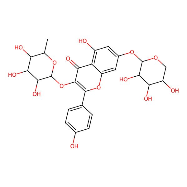 2D Structure of 5-hydroxy-2-(4-hydroxyphenyl)-3-[(2S,3S,4R,5R,6S)-3,4,5-trihydroxy-6-methyloxan-2-yl]oxy-7-[(2S,3S,4S,5S)-3,4,5-trihydroxyoxan-2-yl]oxychromen-4-one
