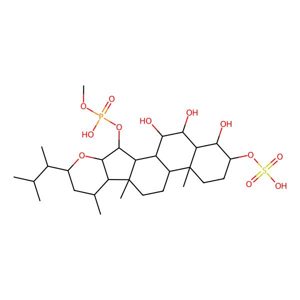 2D Structure of Methyl [18,20,21-trihydroxy-8,10,14-trimethyl-6-(3-methylbutan-2-yl)-17-sulfooxy-5-oxapentacyclo[11.8.0.02,10.04,9.014,19]henicosan-3-yl] hydrogen phosphate