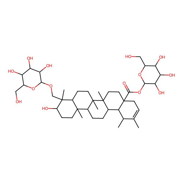 2D Structure of [(2R,3R,4S,5S,6R)-3,4,5-trihydroxy-6-(hydroxymethyl)oxan-2-yl] (1S,4aR,6aR,6aR,6bR,8aR,9R,10S,12aR,14aS,14bR)-10-hydroxy-1,2,6a,6b,9,12a-hexamethyl-9-[[(2R,3R,4S,5S,6R)-3,4,5-trihydroxy-6-(hydroxymethyl)oxan-2-yl]oxymethyl]-4,5,6,6a,7,8,8a,10,11,12,13,14,14a,14b-tetradecahydro-1H-picene-4a-carboxylate