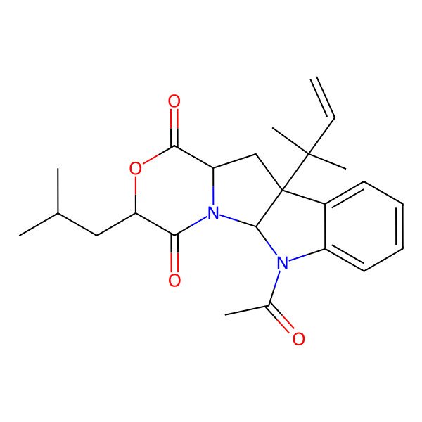 2D Structure of 16-Acetyl-9-(2-methylbut-3-en-2-yl)-4-(2-methylpropyl)-5-oxa-2,16-diazatetracyclo[7.7.0.02,7.010,15]hexadeca-10,12,14-triene-3,6-dione