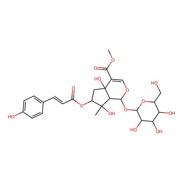 2D Structure of methyl (1S,4aR,6S,7R,7aS)-4a,7-dihydroxy-6-[(E)-3-(4-hydroxyphenyl)prop-2-enoyl]oxy-7-methyl-1-[(2R,3S,4R,5S,6S)-3,4,5-trihydroxy-6-(hydroxymethyl)oxan-2-yl]oxy-1,5,6,7a-tetrahydrocyclopenta[c]pyran-4-carboxylate