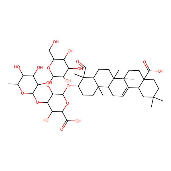 2D Structure of (2S,3S,4S,5R,6R)-6-[[(3S,4S,4aR,6aR,6bS,8aS,12aS,14aR,14bR)-8a-carboxy-4-formyl-4,6a,6b,11,11,14b-hexamethyl-1,2,3,4a,5,6,7,8,9,10,12,12a,14,14a-tetradecahydropicen-3-yl]oxy]-3-hydroxy-5-[(2S,3R,4S,5S,6R)-3,4,5-trihydroxy-6-(hydroxymethyl)oxan-2-yl]oxy-4-[(2S,3R,4R,5R,6S)-3,4,5-trihydroxy-6-methyloxan-2-yl]oxyoxane-2-carboxylic acid