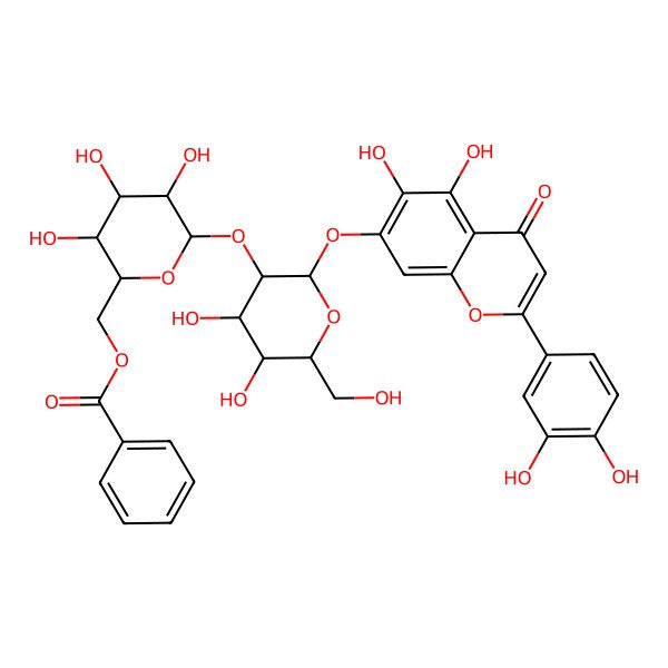 2D Structure of [(2R,3S,4S,5R,6S)-6-[(2S,3R,4S,5S,6R)-2-[2-(3,4-dihydroxyphenyl)-5,6-dihydroxy-4-oxochromen-7-yl]oxy-4,5-dihydroxy-6-(hydroxymethyl)oxan-3-yl]oxy-3,4,5-trihydroxyoxan-2-yl]methyl benzoate