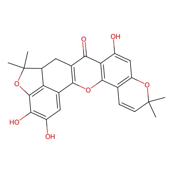 2D Structure of (17S)-12,21,22-trihydroxy-8,8,18,18-tetramethyl-3,9,19-trioxahexacyclo[15.6.1.02,15.04,13.05,10.020,24]tetracosa-1(23),2(15),4(13),5(10),6,11,20(24),21-octaen-14-one