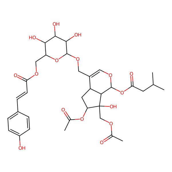 2D Structure of [6-acetyloxy-7-(acetyloxymethyl)-7-hydroxy-4-[[3,4,5-trihydroxy-6-[3-(4-hydroxyphenyl)prop-2-enoyloxymethyl]oxan-2-yl]oxymethyl]-4a,5,6,7a-tetrahydro-1H-cyclopenta[c]pyran-1-yl] 3-methylbutanoate