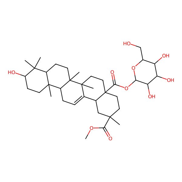 2D Structure of 2-O-methyl 4a-O-[(2S,3R,4S,5S,6R)-3,4,5-trihydroxy-6-(hydroxymethyl)oxan-2-yl] (2S,4aR,6aR,6aS,6bR,8aR,10S,12aR,14bS)-10-hydroxy-2,6a,6b,9,9,12a-hexamethyl-1,3,4,5,6,6a,7,8,8a,10,11,12,13,14b-tetradecahydropicene-2,4a-dicarboxylate