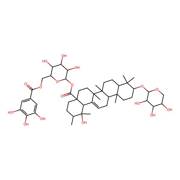 2D Structure of 6-O-(3,4,5-Trihydroxybenzoyl)-beta-D-glucopyranosyl (3beta)-3-(alpha-L-arabinopyranosyloxy)-19-hydroxyurs-12-en-28-oate 2D Structure of 6-O-(3,4,5-Trihydroxybenzoyl)-beta-D-glucopyranosyl (3beta)-3-(alpha-L-arabinopyranosyloxy)-19-hydroxyurs-12-en-28-oate