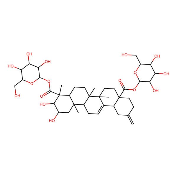 2D Structure of bis[(2S,3R,4S,5S,6R)-3,4,5-trihydroxy-6-(hydroxymethyl)oxan-2-yl] (2S,3R,4S,4aR,6aR,6bS,8aS,12aS,14aR,14bR)-2,3-dihydroxy-4,6a,6b,14b-tetramethyl-11-methylidene-1,2,3,4a,5,6,7,8,9,10,12,12a,14,14a-tetradecahydropicene-4,8a-dicarboxylate