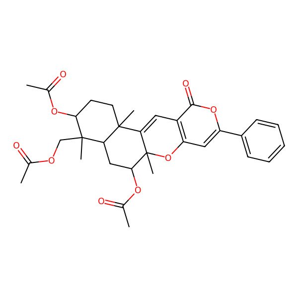 2D Structure of (5,9-Diacetyloxy-2,6,10-trimethyl-16-oxo-14-phenyl-11,15-dioxatetracyclo[8.8.0.02,7.012,17]octadeca-1(18),12(17),13-trien-6-yl)methyl acetate