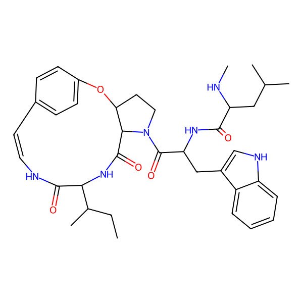 2D Structure of N-[1-(10-butan-2-yl-8,11-dioxo-2-oxa-6,9,12-triazatricyclo[13.2.2.03,7]nonadeca-1(17),13,15,18-tetraen-6-yl)-3-(1H-indol-3-yl)-1-oxopropan-2-yl]-4-methyl-2-(methylamino)pentanamide