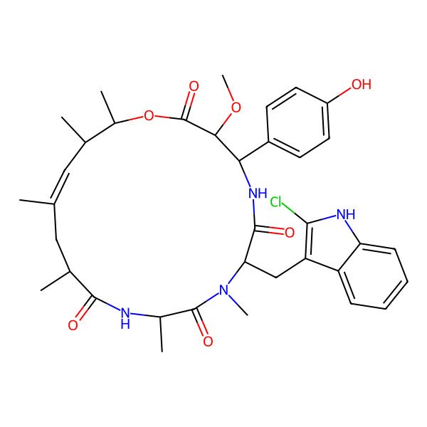 2D Structure of 7-[(2-chloro-1H-indol-3-yl)methyl]-4-(4-hydroxyphenyl)-3-methoxy-8,10,13,15,17,18-hexamethyl-1-oxa-5,8,11-triazacyclooctadec-15-ene-2,6,9,12-tetrone
