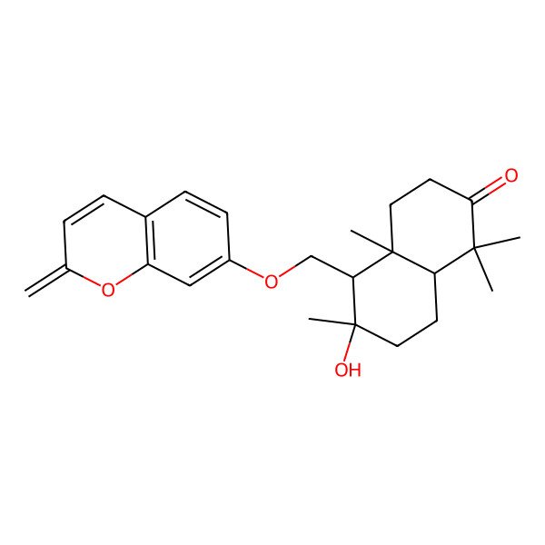 2D Structure of (4aR,5R,6R,8aS)-6-hydroxy-1,1,4a,6-tetramethyl-5-[(2-methylidenechromen-7-yl)oxymethyl]-3,4,5,7,8,8a-hexahydronaphthalen-2-one