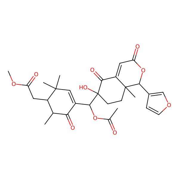 2D Structure of methyl 2-[4-[acetyloxy-[1-(furan-3-yl)-6-hydroxy-8a-methyl-3,5-dioxo-7,8-dihydro-1H-isochromen-6-yl]methyl]-2,2,6-trimethyl-5-oxocyclohex-3-en-1-yl]acetate