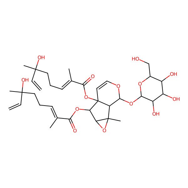 2D Structure of [(1R,2R,4S,5R,6S,10S)-6-[(2E,6S)-6-hydroxy-2,6-dimethylocta-2,7-dienoyl]oxy-2-methyl-10-[(2S,3R,4S,5S,6R)-3,4,5-trihydroxy-6-(hydroxymethyl)oxan-2-yl]oxy-3,9-dioxatricyclo[4.4.0.02,4]dec-7-en-5-yl] (2E,6S)-6-hydroxy-2,6-dimethylocta-2,7-dienoate