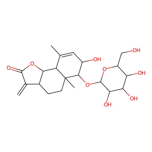 2D Structure of (3aS,5aR,6S,7R,9aS,9bS)-7-hydroxy-5a,9-dimethyl-3-methylidene-6-[(2R,3R,4S,5S,6R)-3,4,5-trihydroxy-6-(hydroxymethyl)oxan-2-yl]oxy-4,5,6,7,9a,9b-hexahydro-3aH-benzo[g][1]benzofuran-2-one