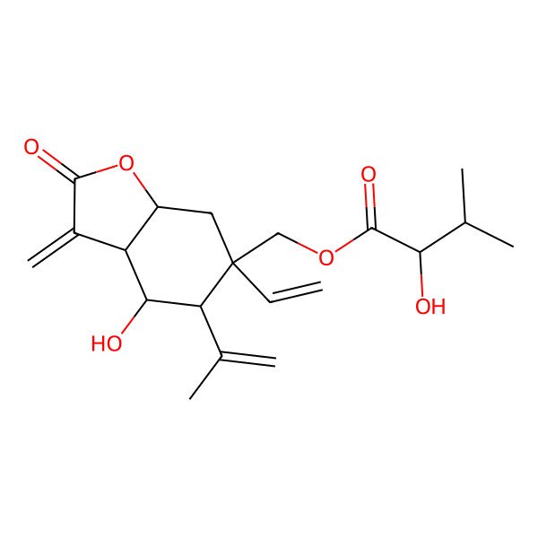2D Structure of [(3aR,4R,5R,6S,7aS)-6-ethenyl-4-hydroxy-3-methylidene-2-oxo-5-prop-1-en-2-yl-4,5,7,7a-tetrahydro-3aH-1-benzofuran-6-yl]methyl (2R)-2-hydroxy-3-methylbutanoate