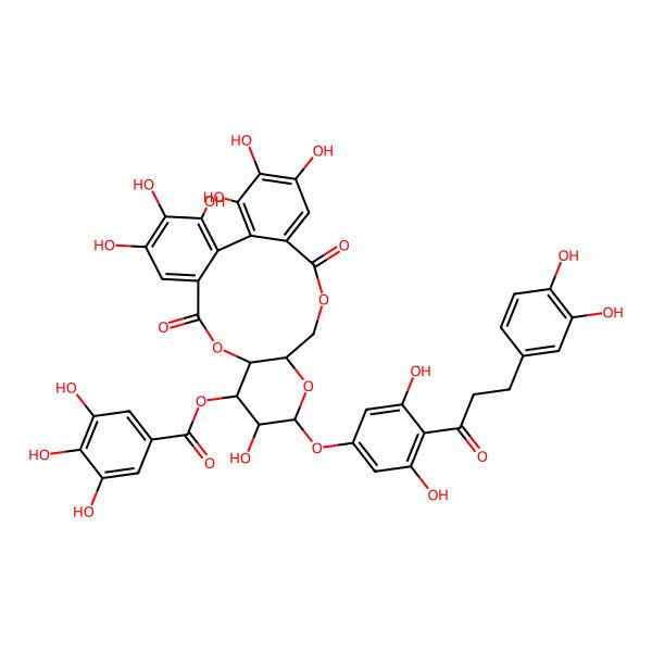 2D Structure of [13-[4-[3-(3,4-Dihydroxyphenyl)propanoyl]-3,5-dihydroxyphenoxy]-3,4,5,12,21,22,23-heptahydroxy-8,18-dioxo-9,14,17-trioxatetracyclo[17.4.0.02,7.010,15]tricosa-1(23),2,4,6,19,21-hexaen-11-yl] 3,4,5-trihydroxybenzoate