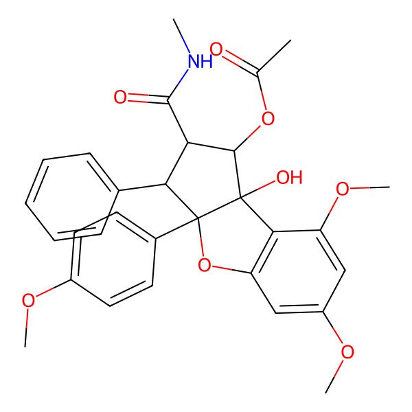 2D Structure of [(1S,2S,3S,3aR,8bS)-8b-hydroxy-6,8-dimethoxy-3a-(4-methoxyphenyl)-2-(methylcarbamoyl)-3-phenyl-2,3-dihydro-1H-cyclopenta[b][1]benzofuran-1-yl] acetate