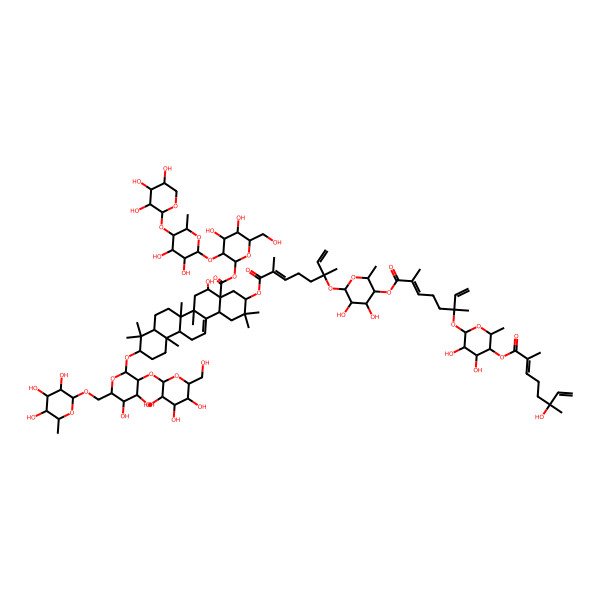 2D Structure of [(2S,3R,4S,5S,6R)-3-[(2S,3R,4S,5R,6S)-3,4-dihydroxy-6-methyl-5-[(2S,3R,4S,5R)-3,4,5-trihydroxyoxan-2-yl]oxyoxan-2-yl]oxy-4,5-dihydroxy-6-(hydroxymethyl)oxan-2-yl] (3S,4aR,5R,6aR,6aS,6bR,8aS,10S,12aR,14bS)-3-[(2E,6S)-6-[(2S,3R,4R,5S,6R)-5-[(2E,6S)-6-[(2S,3R,4R,5S,6R)-3,4-dihydroxy-5-[(2E,6S)-6-hydroxy-2,6-dimethylocta-2,7-dienoyl]oxy-6-methyloxan-2-yl]oxy-2,6-dimethylocta-2,7-dienoyl]oxy-3,4-dihydroxy-6-methyloxan-2-yl]oxy-2,6-dimethylocta-2,7-dienoyl]oxy-10-[(2R,3R,4S,5S,6R)-4,5-dihydroxy-3-[(2S,3R,4S,5S,6R)-3,4,5-trihydroxy-6-(hydroxymethyl)oxan-2-yl]oxy-6-[[(2R,3R,4S,5R,6R)-3,4,5-trihydroxy-6-methyloxan-2-yl]oxymethyl]oxan-2-yl]oxy-5-hydroxy-2,2,6a,6b,9,9,12a-heptamethyl-1,3,4,5,6,6a,7,8,8a,10,11,12,13,14b-tetradecahydropicene-4a-carboxylate