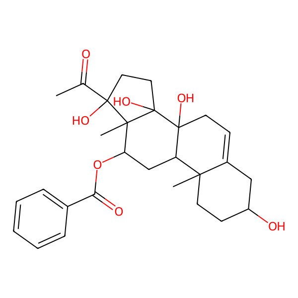 2D Structure of (17-Acetyl-3,8,14,17-tetrahydroxy-10,13-dimethyl-1,2,3,4,7,9,11,12,15,16-decahydrocyclopenta[a]phenanthren-12-yl) benzoate