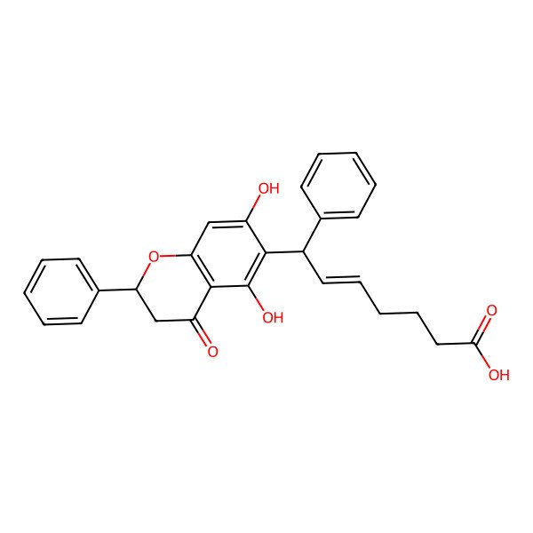 2D Structure of (E,7R)-7-[(2S)-5,7-dihydroxy-4-oxo-2-phenyl-2,3-dihydrochromen-6-yl]-7-phenylhept-5-enoic acid