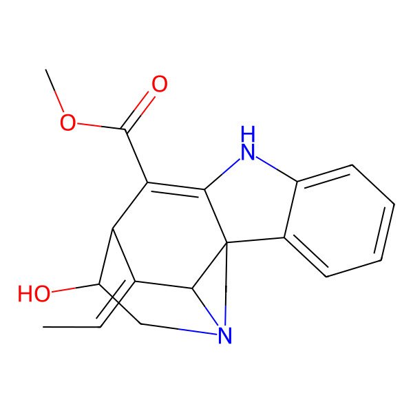 2D Structure of methyl (1S,11S,12R,17R)-18-ethylidene-12-hydroxy-8,14-diazapentacyclo[9.5.2.01,9.02,7.014,17]octadeca-2,4,6,9-tetraene-10-carboxylate