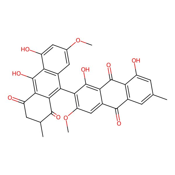 2D Structure of 2-[(2R)-5,10-dihydroxy-7-methoxy-2-methyl-1,4-dioxo-2,3-dihydroanthracen-9-yl]-1,8-dihydroxy-3-methoxy-6-methylanthracene-9,10-dione