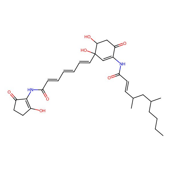 2D Structure of N-[3,4-dihydroxy-3-[7-[(2-hydroxy-5-oxocyclopenten-1-yl)amino]-7-oxohepta-1,3,5-trienyl]-6-oxocyclohexen-1-yl]-4,6-dimethyldec-2-enamide