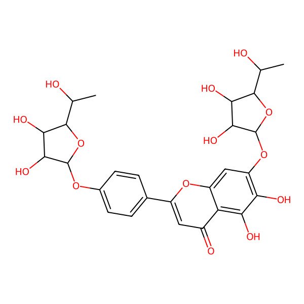 2D Structure of 7-[(2R,3R,4R,5S)-3,4-dihydroxy-5-[(1S)-1-hydroxyethyl]oxolan-2-yl]oxy-2-[4-[(2S,3S,4R,5R)-3,4-dihydroxy-5-[(1S)-1-hydroxyethyl]oxolan-2-yl]oxyphenyl]-5,6-dihydroxychromen-4-one