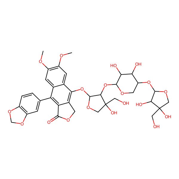 2D Structure of 9-(1,3-benzodioxol-5-yl)-4-[(2R,3R,4R)-3-[(2S,3R,4R,5S)-5-[(2S,3R,4R)-3,4-dihydroxy-4-(hydroxymethyl)oxolan-2-yl]oxy-3,4-dihydroxyoxan-2-yl]oxy-4-hydroxy-4-(hydroxymethyl)oxolan-2-yl]oxy-6,7-dimethoxy-3H-benzo[f][2]benzofuran-1-one