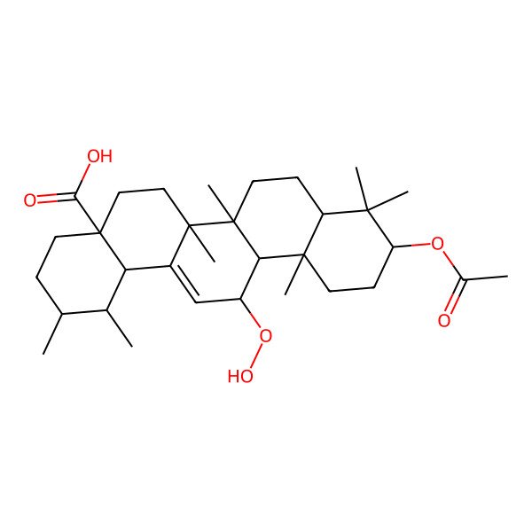 2D Structure of (1S,2R,4aS,6aR,6aS,6bR,8aS,10S,12aS,13R,14bR)-10-acetyloxy-13-hydroperoxy-1,2,6a,6b,9,9,12a-heptamethyl-2,3,4,5,6,6a,7,8,8a,10,11,12,13,14b-tetradecahydro-1H-picene-4a-carboxylic acid