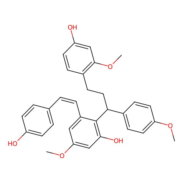 2D Structure of 2-[(1R)-3-(4-hydroxy-2-methoxyphenyl)-1-(4-methoxyphenyl)propyl]-3-[(E)-2-(4-hydroxyphenyl)ethenyl]-5-methoxyphenol