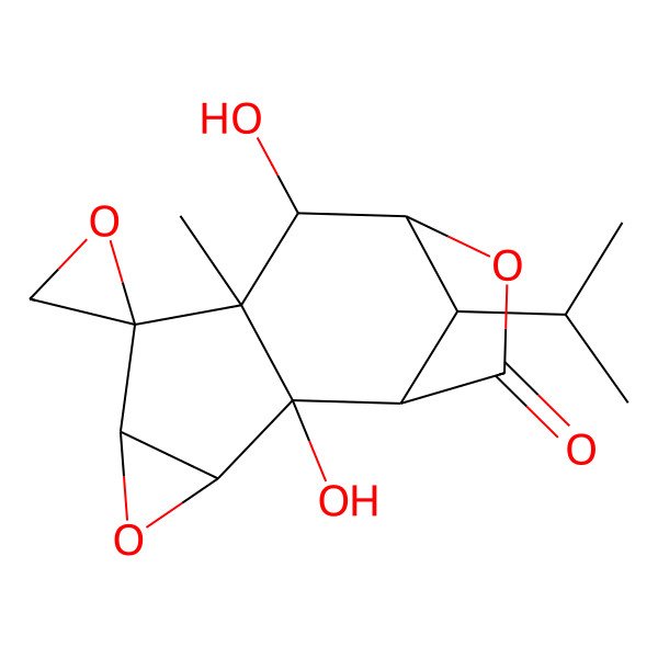 2D Structure of (1S,2R,3S,5R,6R,7R,8S,9R,12R)-2,8-dihydroxy-7-methyl-12-propan-2-ylspiro[4,10-dioxatetracyclo[7.2.1.02,7.03,5]dodecane-6,2'-oxirane]-11-one