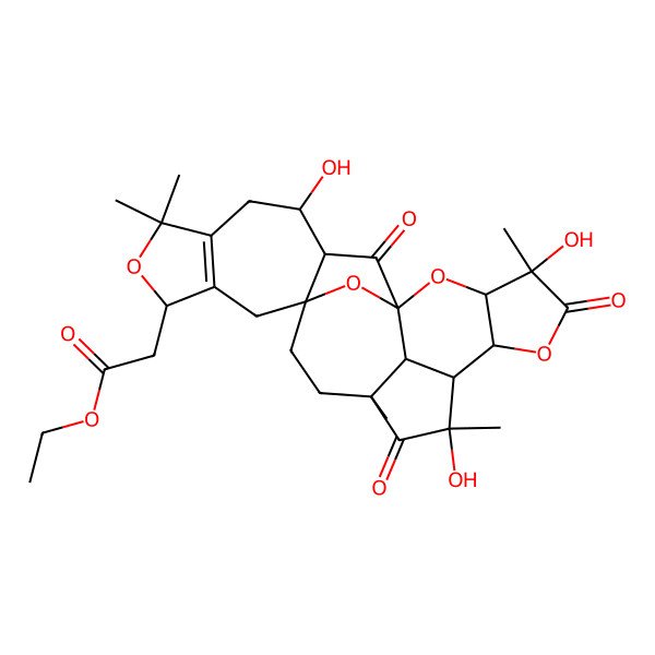 2D Structure of Ethyl 2-(4,9,22-trihydroxy-4,9,11,19,19-pentamethyl-5,10,24-trioxo-2,6,18,25-tetraoxaheptacyclo[12.10.1.11,8.03,7.014,23.016,20.011,26]hexacos-16(20)-en-17-yl)acetate